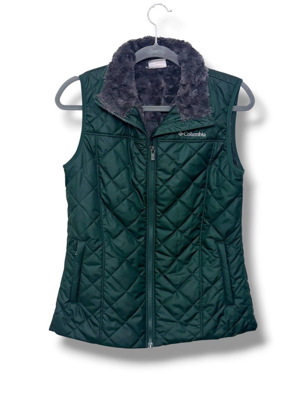 Columbia Dark Green Quilted Faux Fur Lined Women's Vest size S Gorpcore Puffer